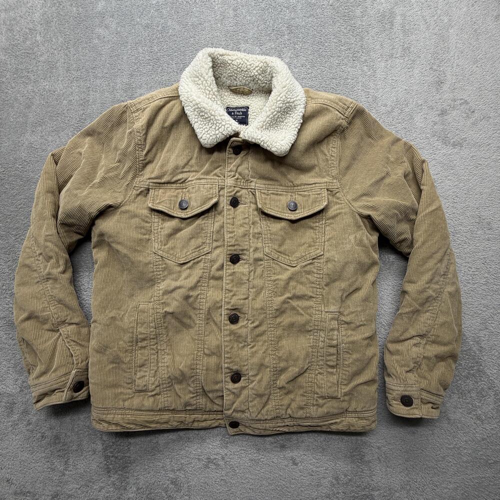 Abercrombie & Fitch Jacket Mens Medium Beige Corduroy Sherpa Lined Trucker Coat